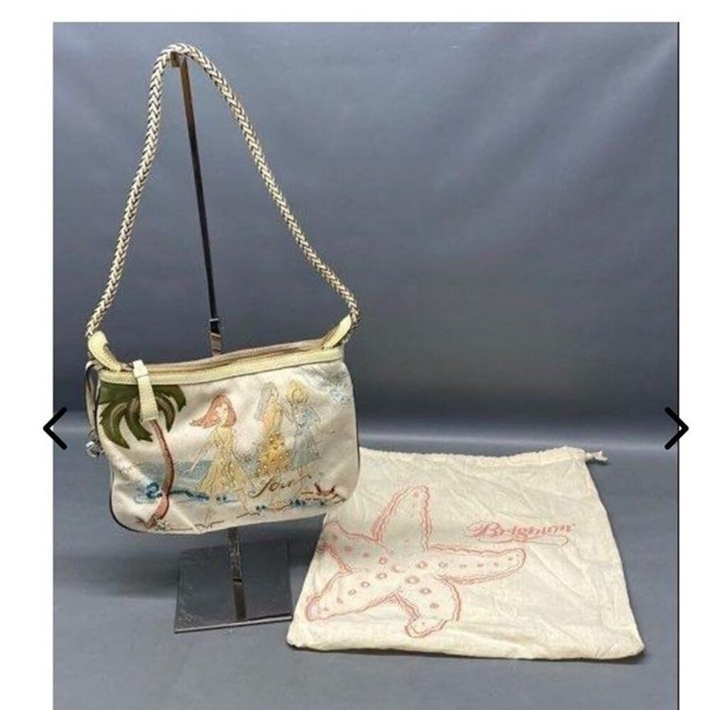 Brighton Beach Scene Embroidered Beaded Canvas Leather Shoulder Bag Rare.